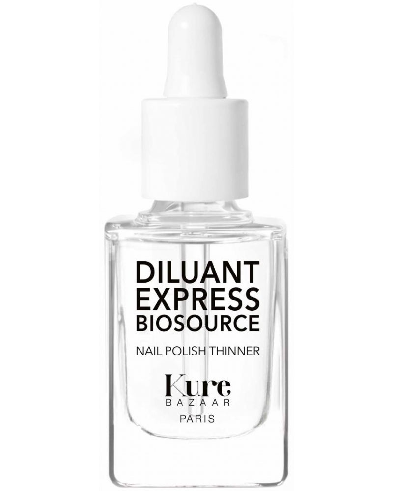 Diluant Express Biosource by Kure Bazaar – clear glass bottle with white dropper cap, white background – nail care