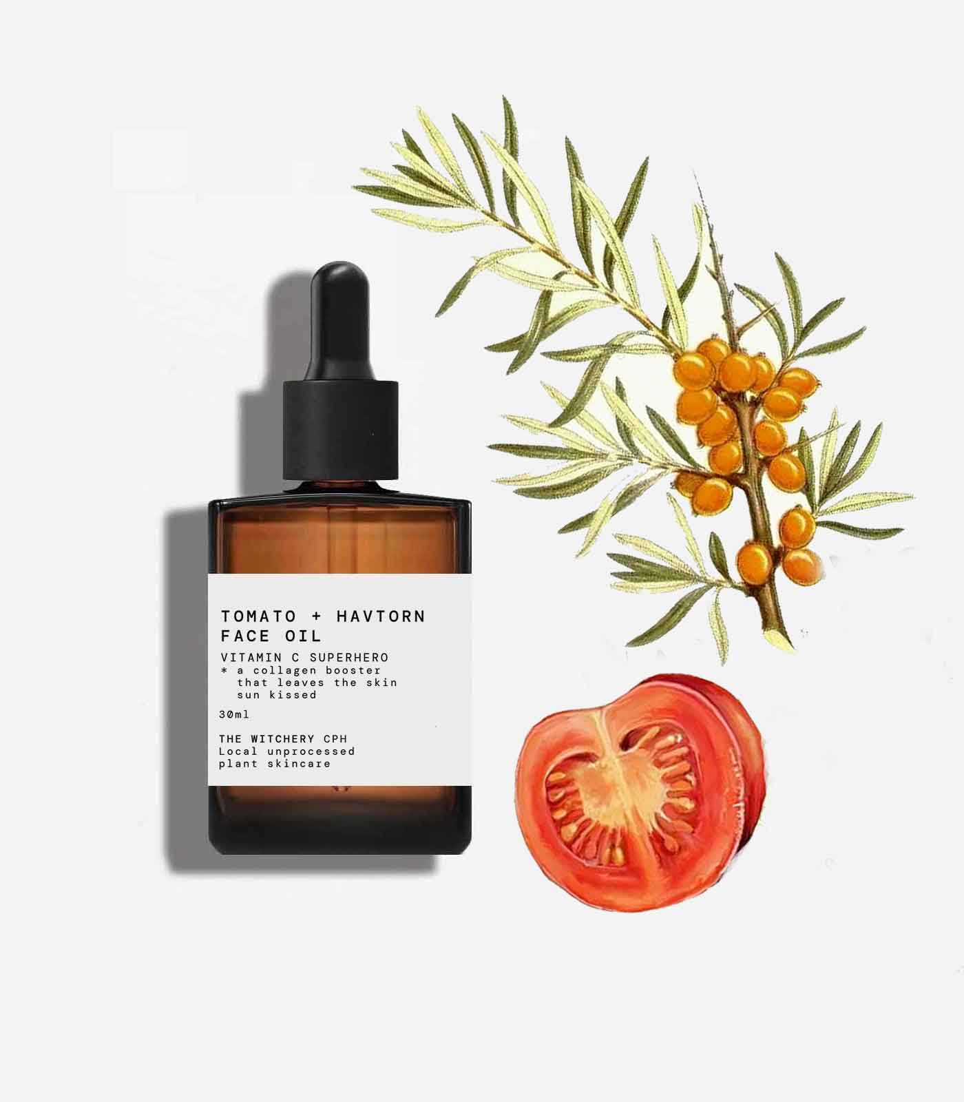 The Witchery CPH Tomato Havtorn Face Oil in einer braunen 30ml Glasflasche mit Pipette für die Hautpflege.
