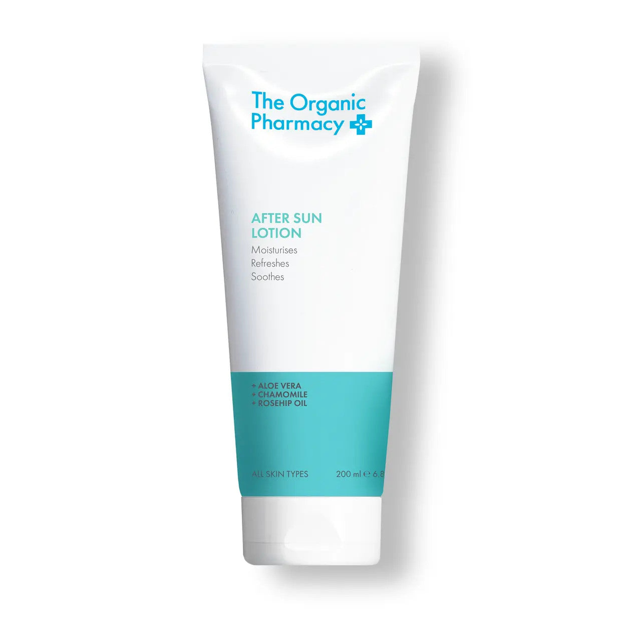 The Organic Pharmacy After Sun Lotion in der weißen 200ml Tube auf weißem Hintergrund, Hautpflege