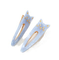 Katze Oval Saltwater Blue – light blue hair clips with gold cat detailing, white background – hair styling