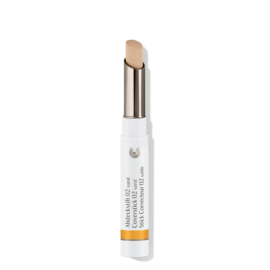 Coverstick 02 Sand – white stick with gold cap, sand-colored concealer, white background – makeup