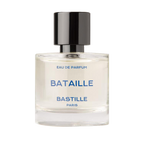 Bataille Eau de Parfum – clear glass bottle with black cap, white background – perfume