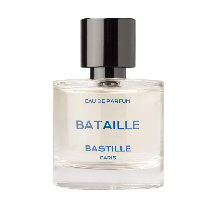 Bataille Eau de Parfum 50ml – klares Glasflakon mit schwarzem Deckel, weißem Hintergrund – Parfüm