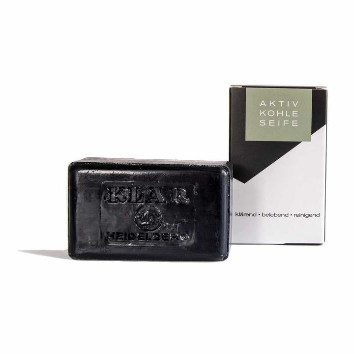 KLAR Heidelberg Activated Charcoal Soap – black bar with cardboard box, white background – skin cleansing