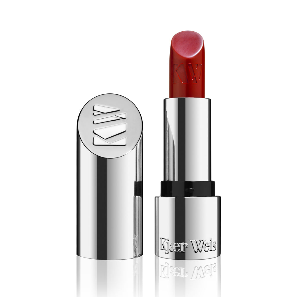 Kjaer Weis Lipstick Kw Red – silver tube, red bullet, white background – makeup