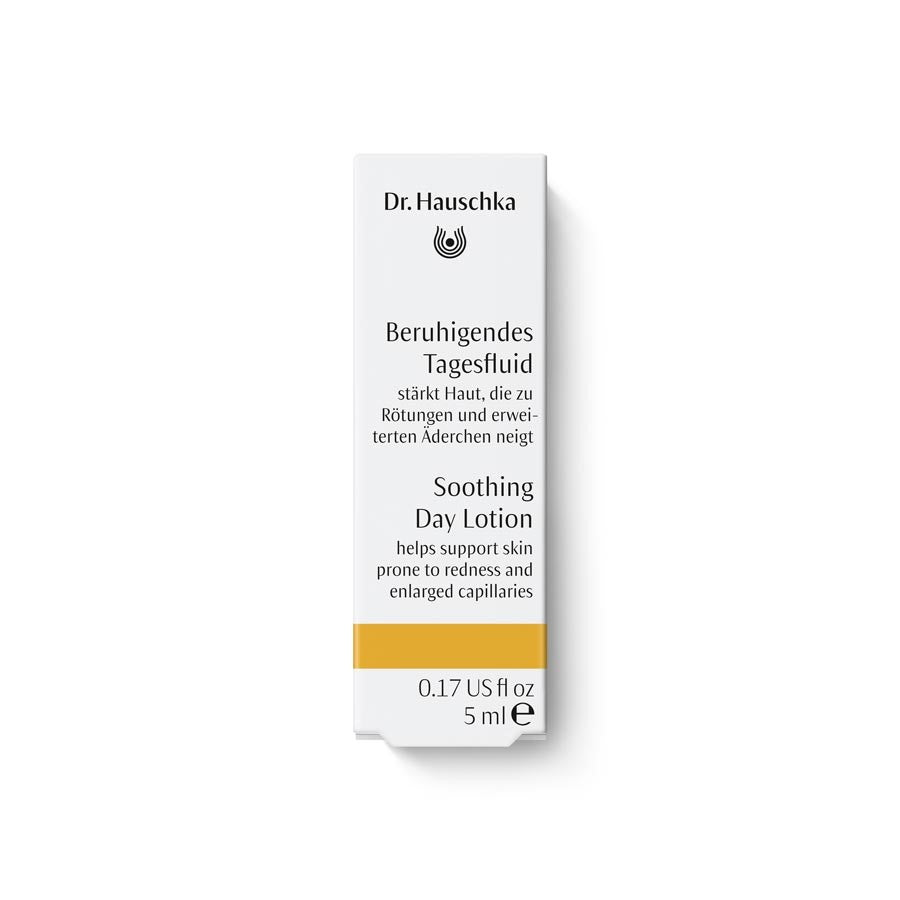 Dr. Hauschka Soothing Day Lotion 5ml – white cardboard packaging with gold stripe, white background – skin care