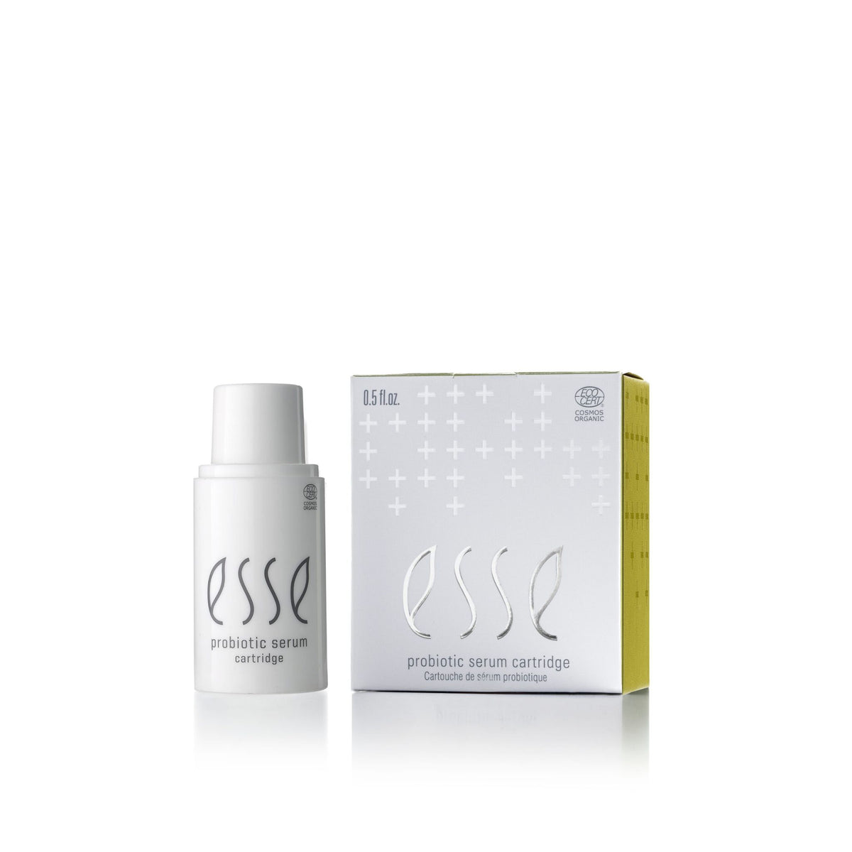 Esse R10 Plus Probiotic Serum Kartusche, weiße Flasche mit Kappe und Verpackung, Hautpflege.