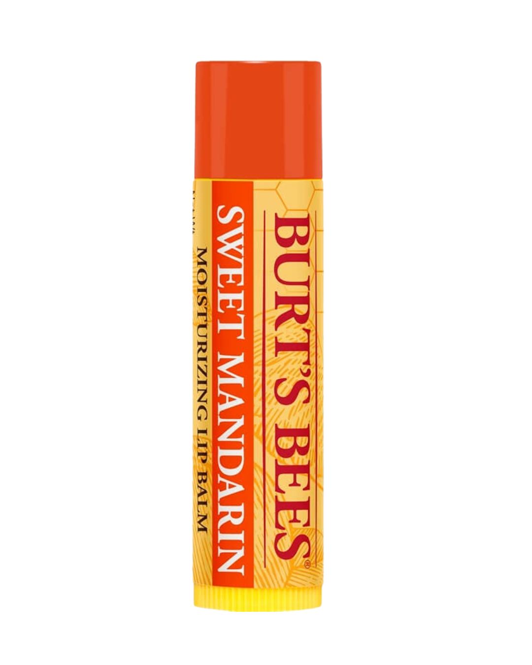 Burt’s Bees Lippenbalsam Sweet Mandarin – orangefarbener Stift, gelber Hintergrund – Lippenpflege