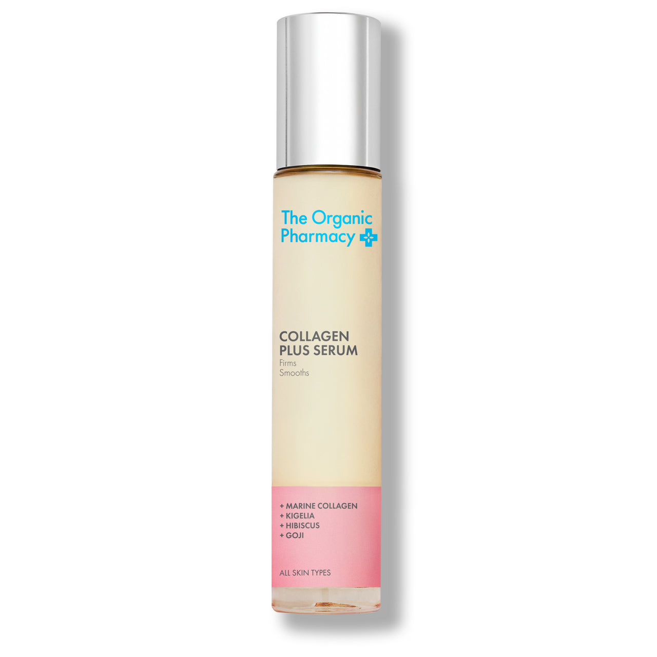The Organic Pharmacy Collagen Plus Serum in einer Flasche mit silberner Kappe auf weißem Grund, Hautpflege