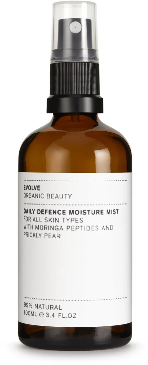 Evolve Organic Beauty Daily Defence Moisture Mist, braune Sprühflasche mit schwarzem Sprühkopf, 100ml, Hautpflege
