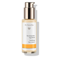 Dr. Hauschka Soothing Day Lotion – clear bottle with rose gold pump, white label and orange stripe – skin care