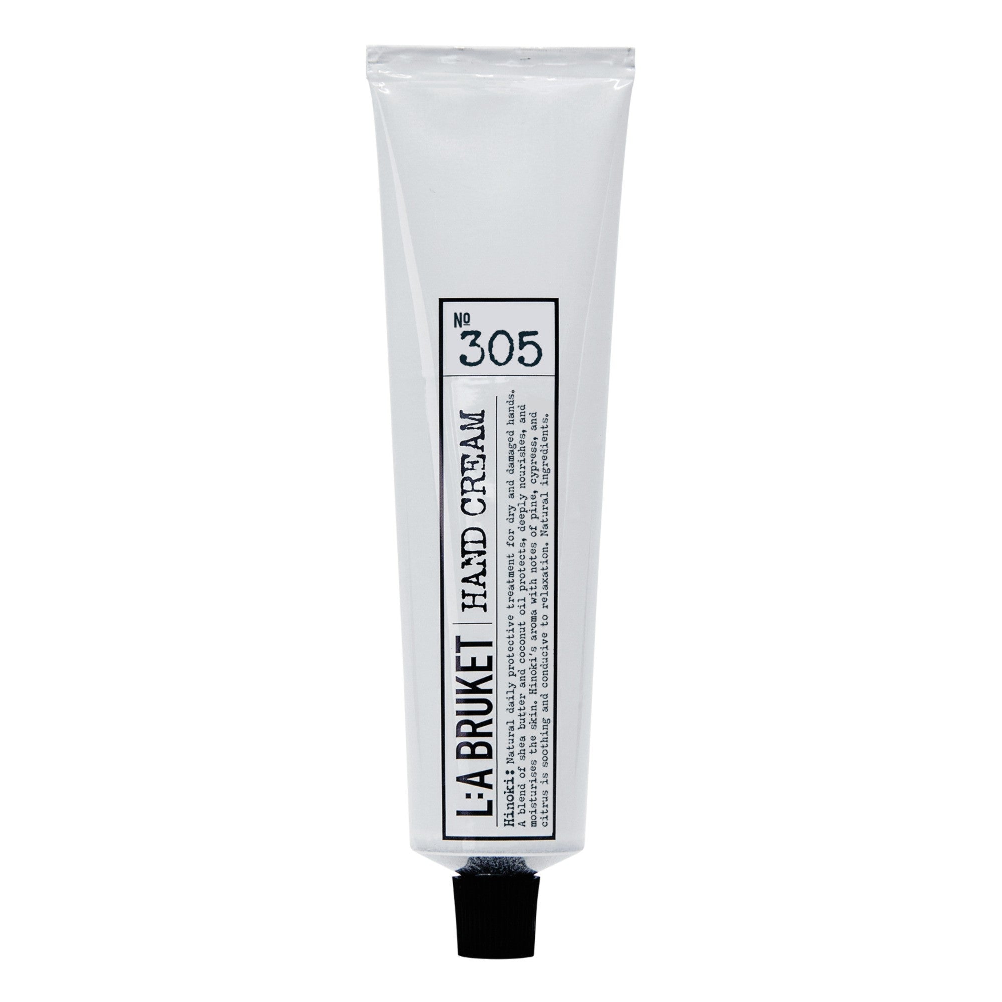 L:A BRUKET Handcreme Nr. 305 Hinoki – weiße Tube mit schwarzem Deckel, weißer Hintergrund – Handpflege