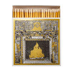 Fireside Streichhölzer – weiße Schachtel mit gold-schwarzem Kaminmotiv, geöffnet mit Holzstreichhölzern – Home Decor