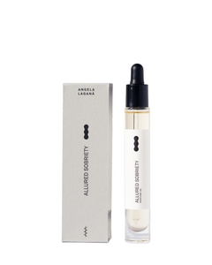Allured Sobriety Perfume Oil – clear glass bottle with black dropper cap, white label and grey box – perfume