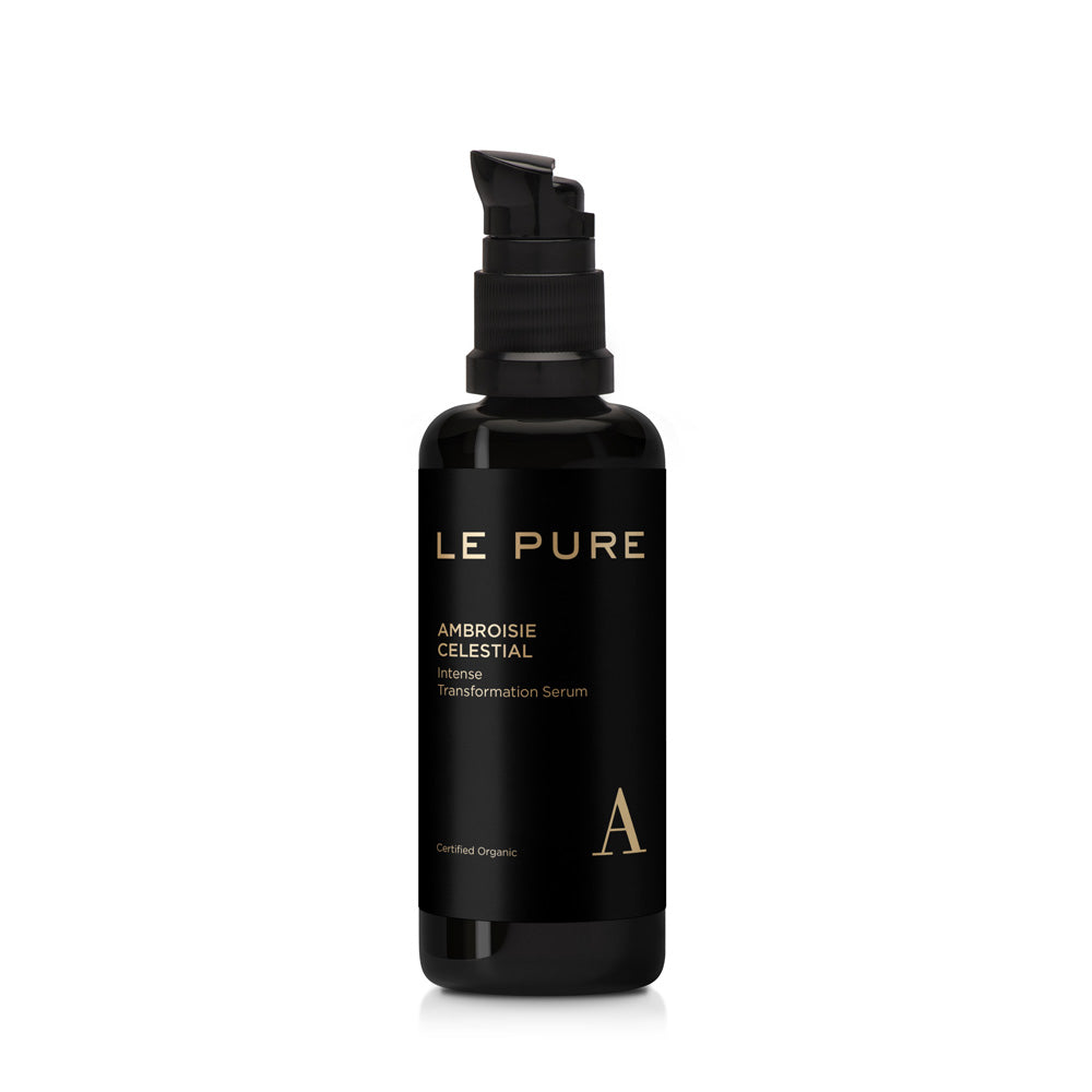 Le Pure Ambroisie Celestial – schwarze Flasche 50ml mit Pumpverschluss, weißer Hintergrund – Serum