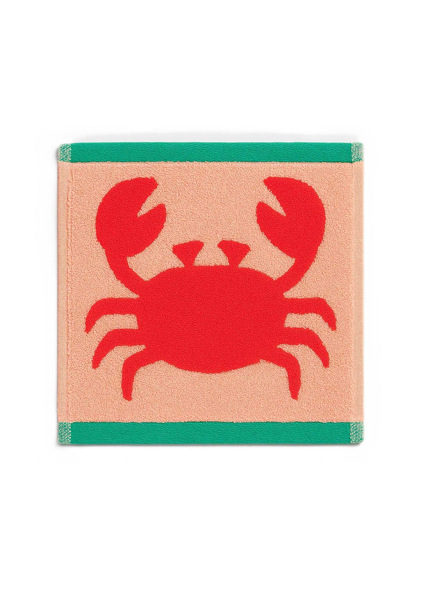 Crabs Organic Cotton Waschlappen – rosa Baumwolltuch mit rotem Krabbenmotiv und grünen Rändern – Gesichtspflege