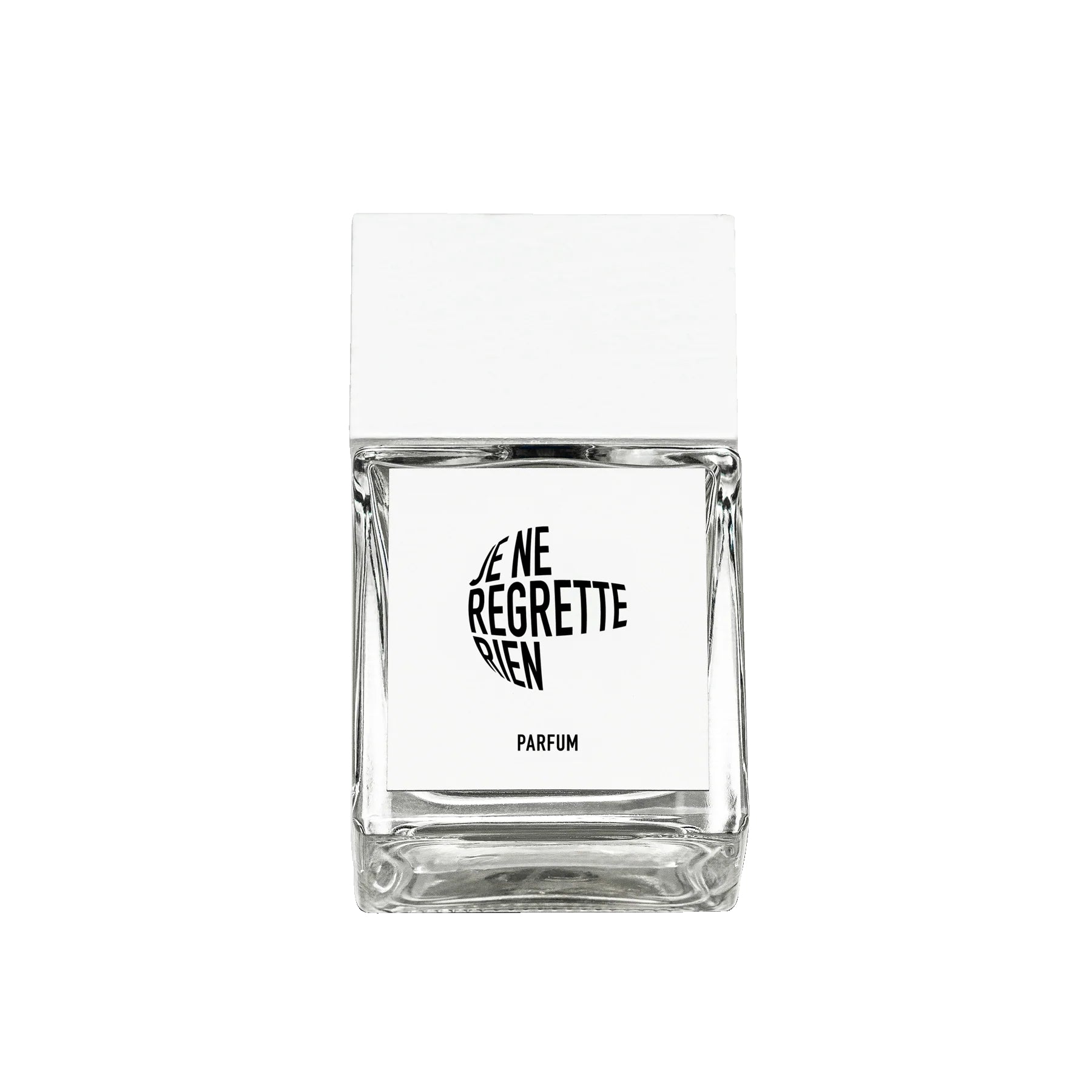 Je Ne Regrette Rien Parfum – klares Glasflakon 50ml, weißer Deckel, weißer Hintergrund – Parfüm