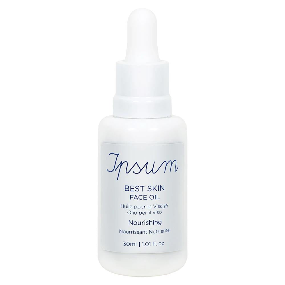 Ipsum Best Skin Face Oil – white glass bottle 30ml with dropper cap, white background – face care