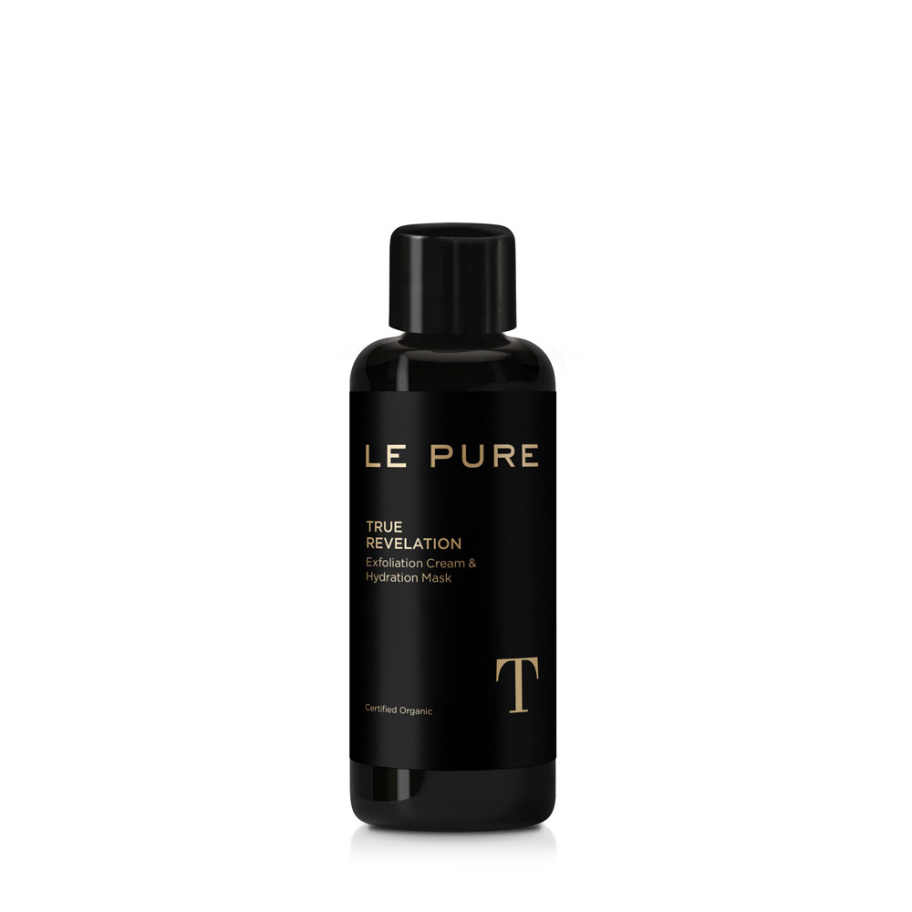 LE PURE True Revelation – schwarze Flasche mit schwarzem Deckel, weißer Hintergrund – Hautpflege