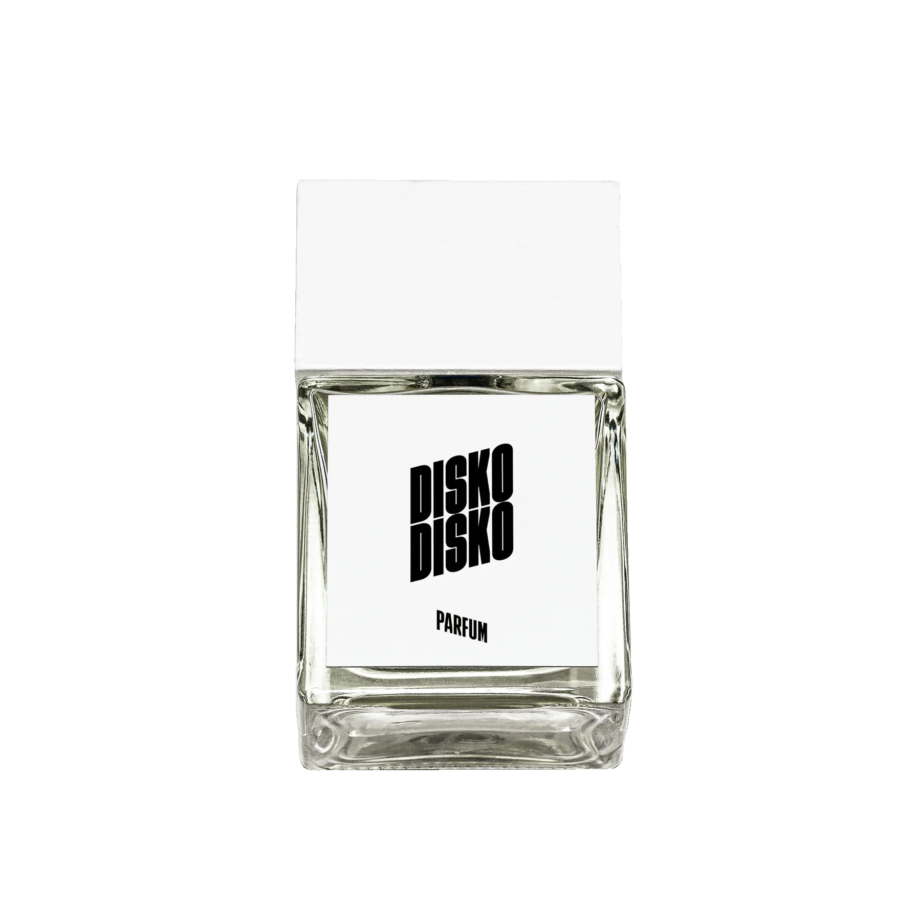 Disko Disko Parfum – klares Glasflakon mit weißem Deckel, weißem Etikett und schwarzem Schriftzug – Parfüm