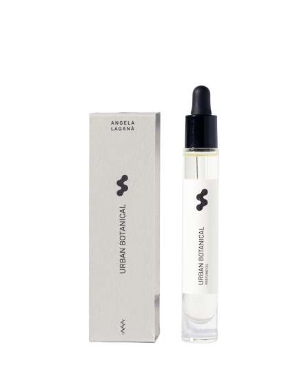 Urban Botanical Perfume Oil – clear glass bottle with dropper, white label, black cap, white background – perfume