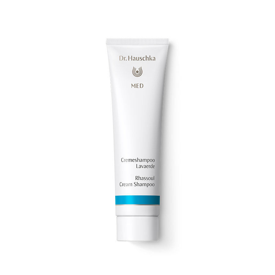 Dr. Hauschka Med Cream Shampoo Lavaerde – white tube with blue stripe, white cap, white background – hair care