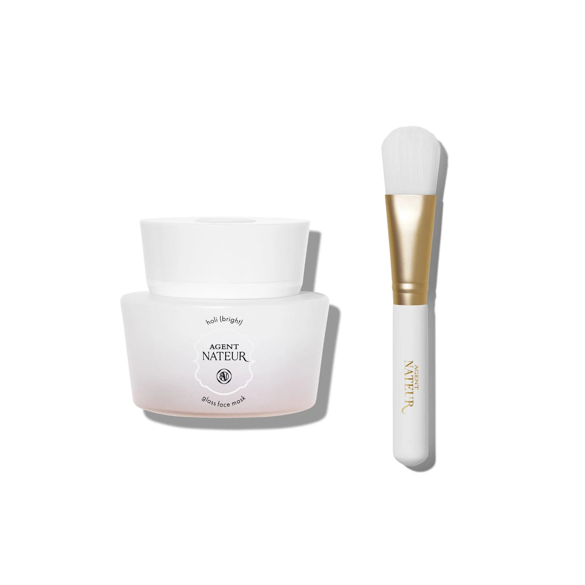 Agent Nateur Holi(bright) Resurface Glass Face Mask im weißen Tiegel mit Applikator-Pinsel für die Hautpflege.