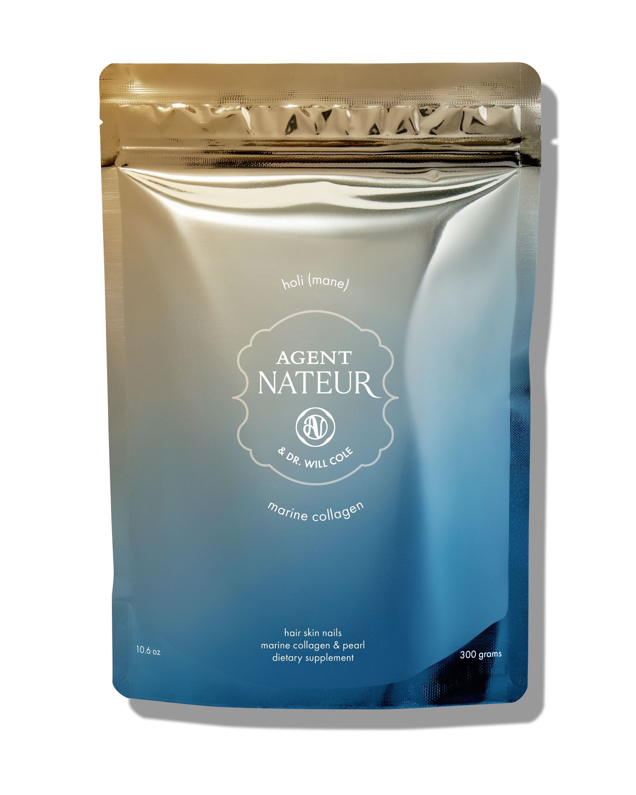 Agent Nateur & Dr. Will Cole Holi(mane) marine collagen Beutel in Blau-Silber, 300g, für Haare, Haut und Nägel.
