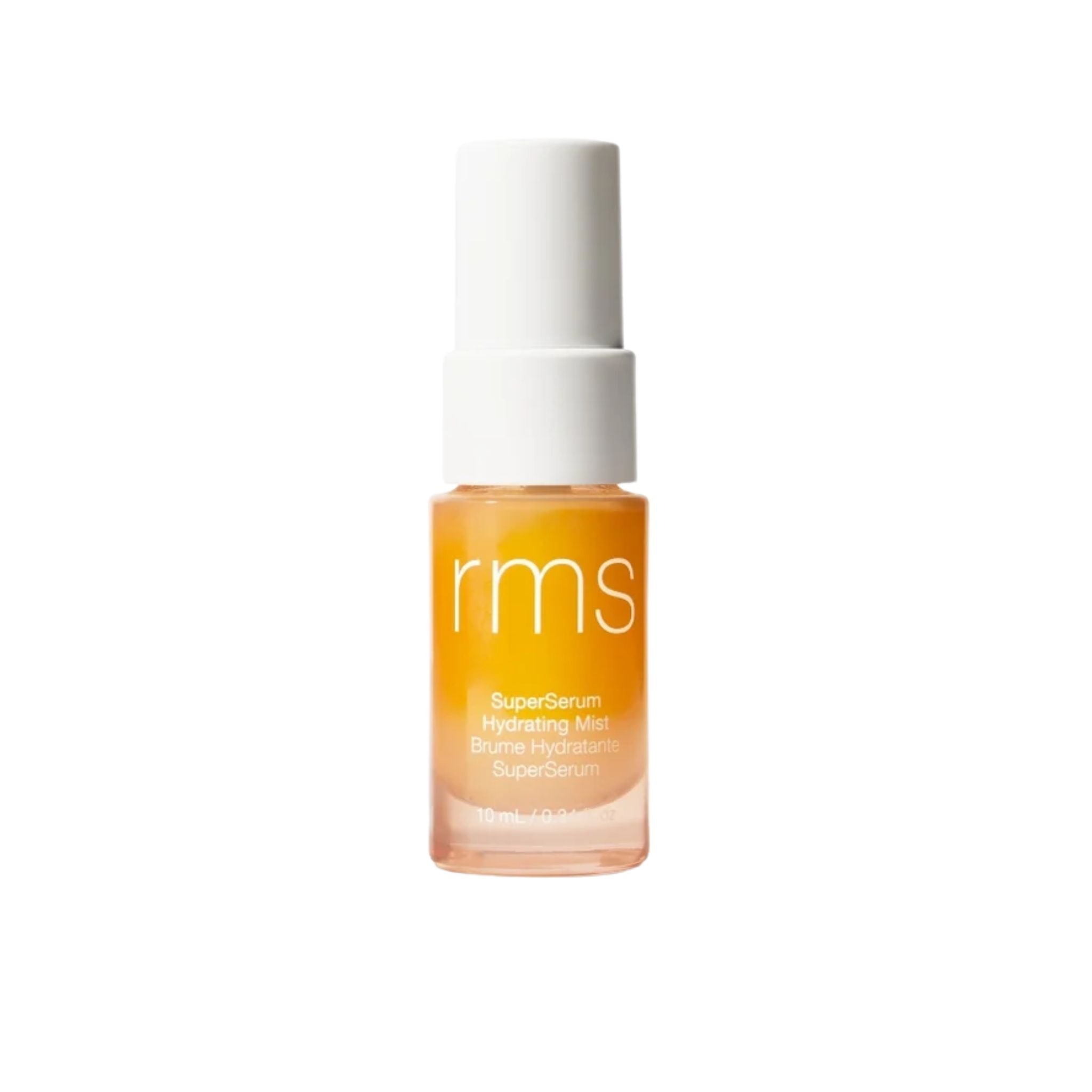 rms SuperSerum Hydrating Mist Travel, orange spray bottle with white cap on white background, skin care