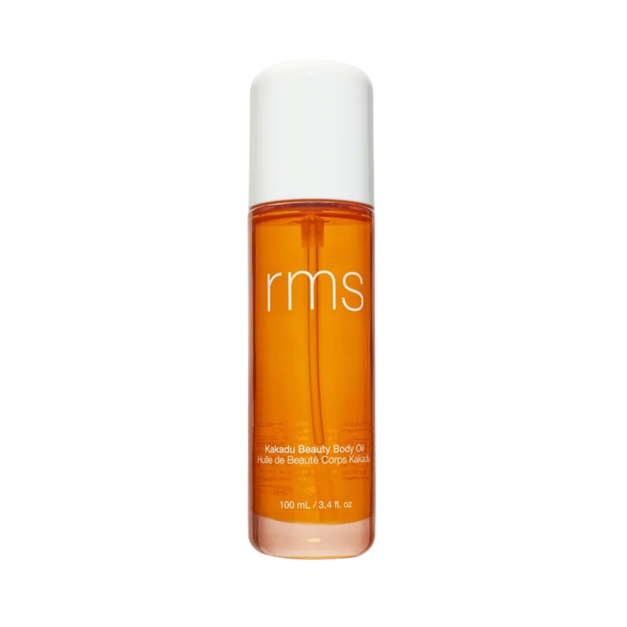 RMS Beauty Kakadu Beauty Body Oil, orange bottle with white cap on white background, skin care