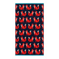 Kissing Foxes Organic Cotton Bath Towel in dark blue with red foxes on a white background, bathroom accessory