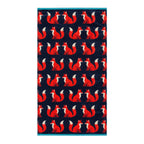 Kissing Foxes Organic Cotton Bath Towel in dark blue with red foxes on a white background, bathroom accessory