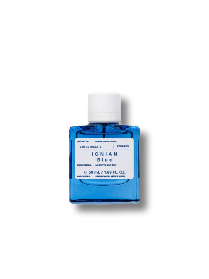 Korres Ionian Blue Eau de Toilette, blue glass bottle with white cap on white background, fragrance.