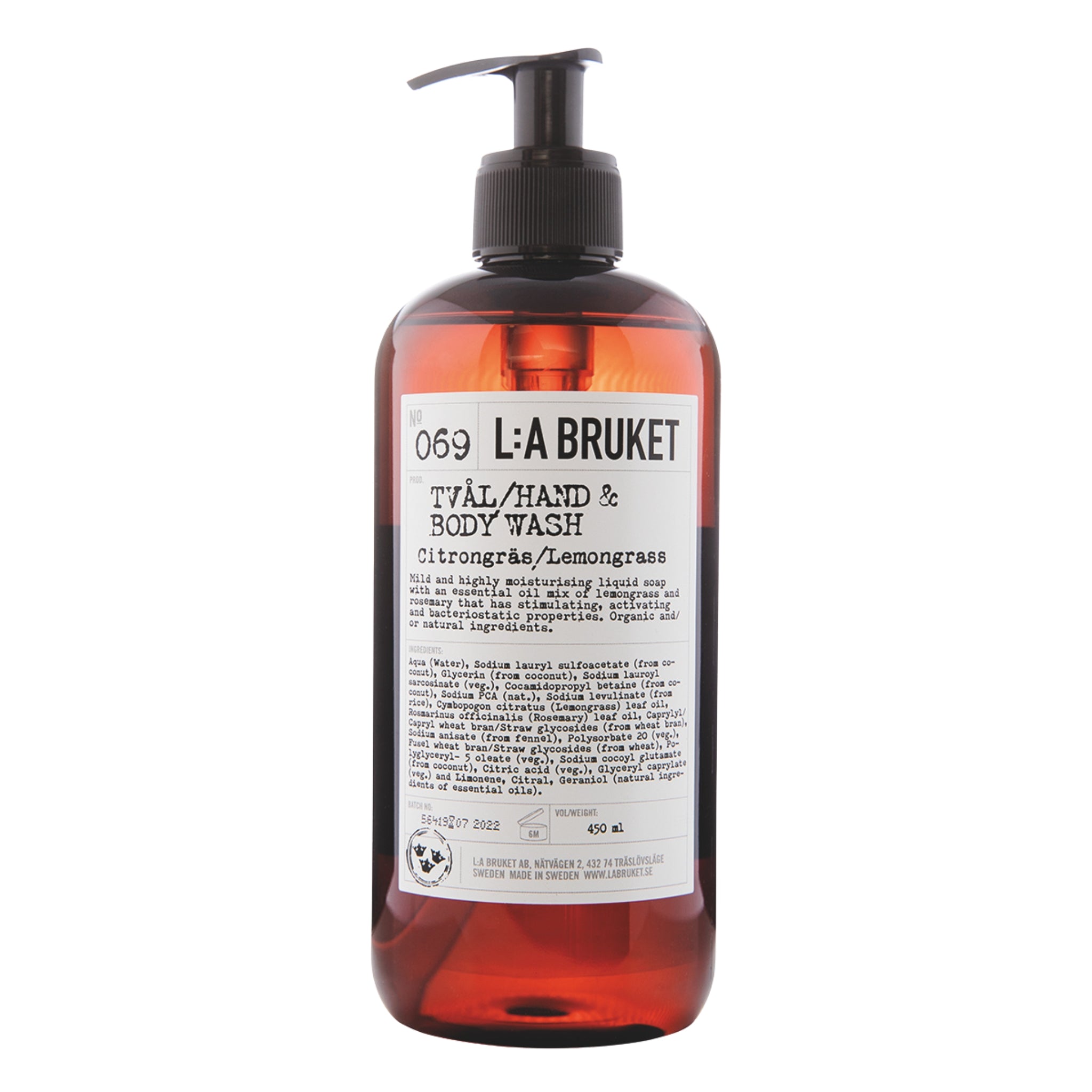 L:A Bruket No. 069 Hand & Body Wash Lemongrass, braune 450ml Pumpe-Flasche auf weißem Hintergrund, Körperpflege