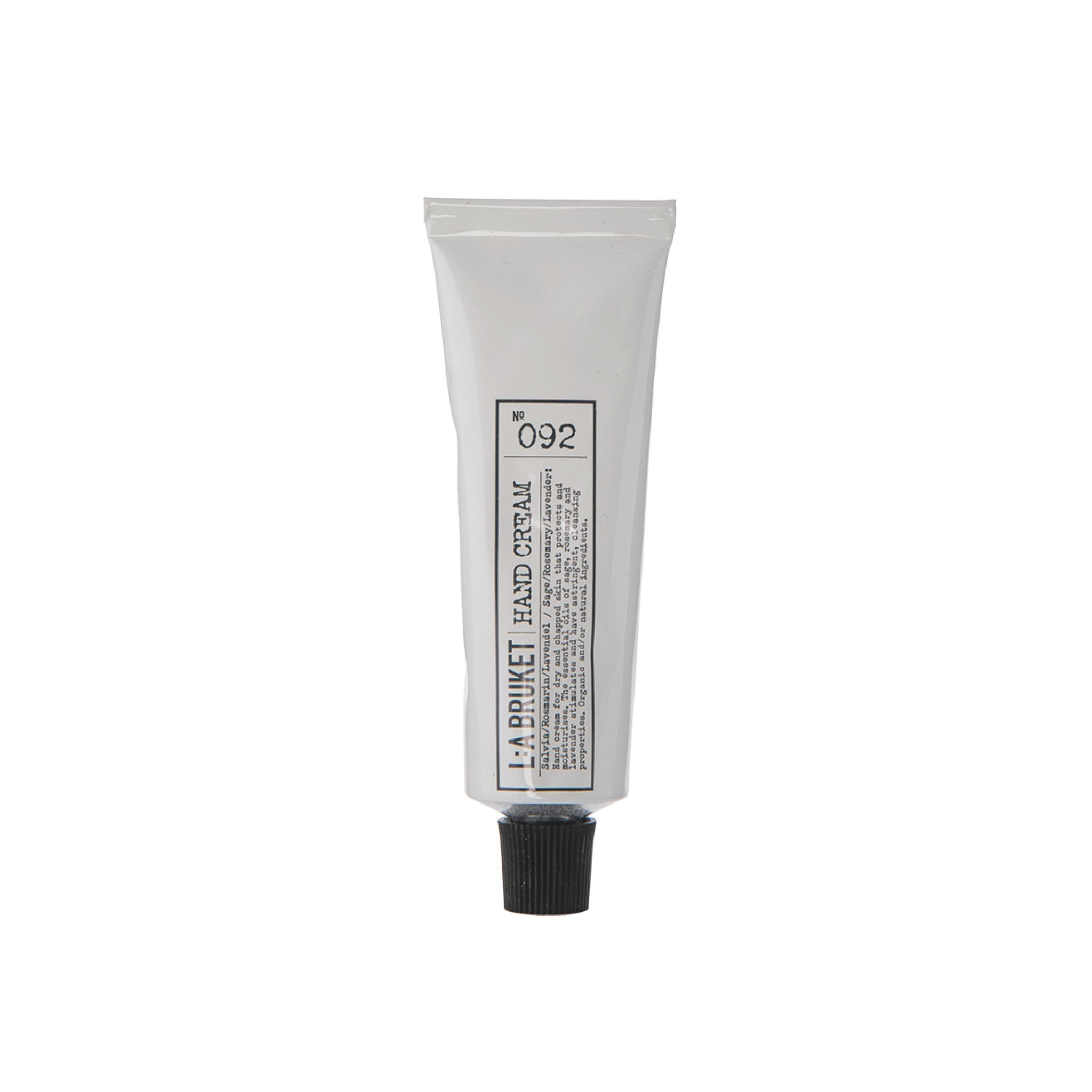 L:A Bruket No. 092 Handcream in weißer Tube mit schwarzem Schraubverschluss vor weißem Hintergrund, Hautpflege.