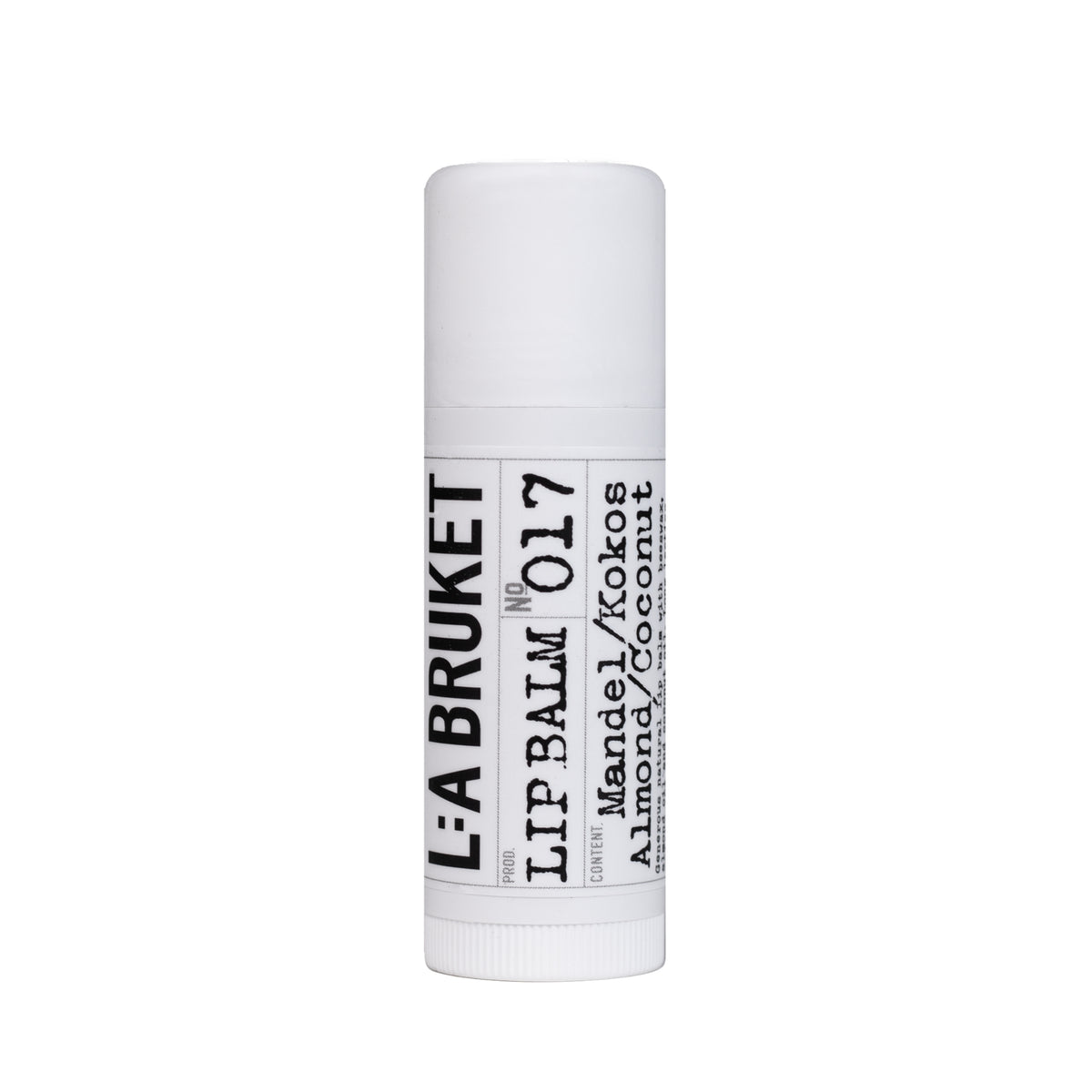 L:A Bruket No. 017 Lipbalm in einer weißen Tube mit weißem Deckel vor weißem Hintergrund, Lippenpflege