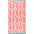 Lobster Pink Organic Cotton Badelaken in Rosa mit weißen Hummer-Motiven auf weißem Hintergrund, Strandtuch.