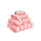 Lobster Pink organic cotton hand towels in pink with green trim on a white background, bath accessories