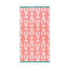 Lobster Pink Organic Cotton Bath Towel, salmon pink towel with lobster pattern on white background, bath accessories