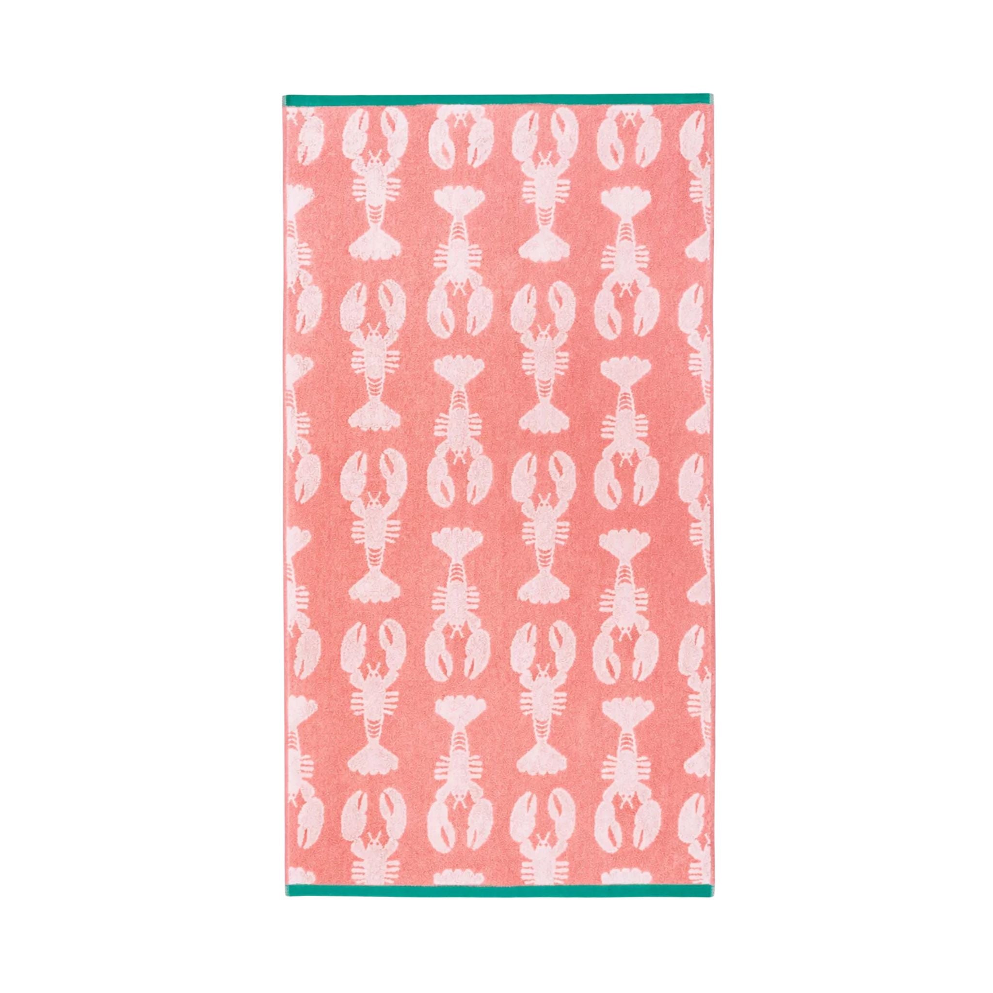 Lobster Pink Organic Cotton Bath Towel, salmon pink towel with lobster pattern on white background, bath accessories