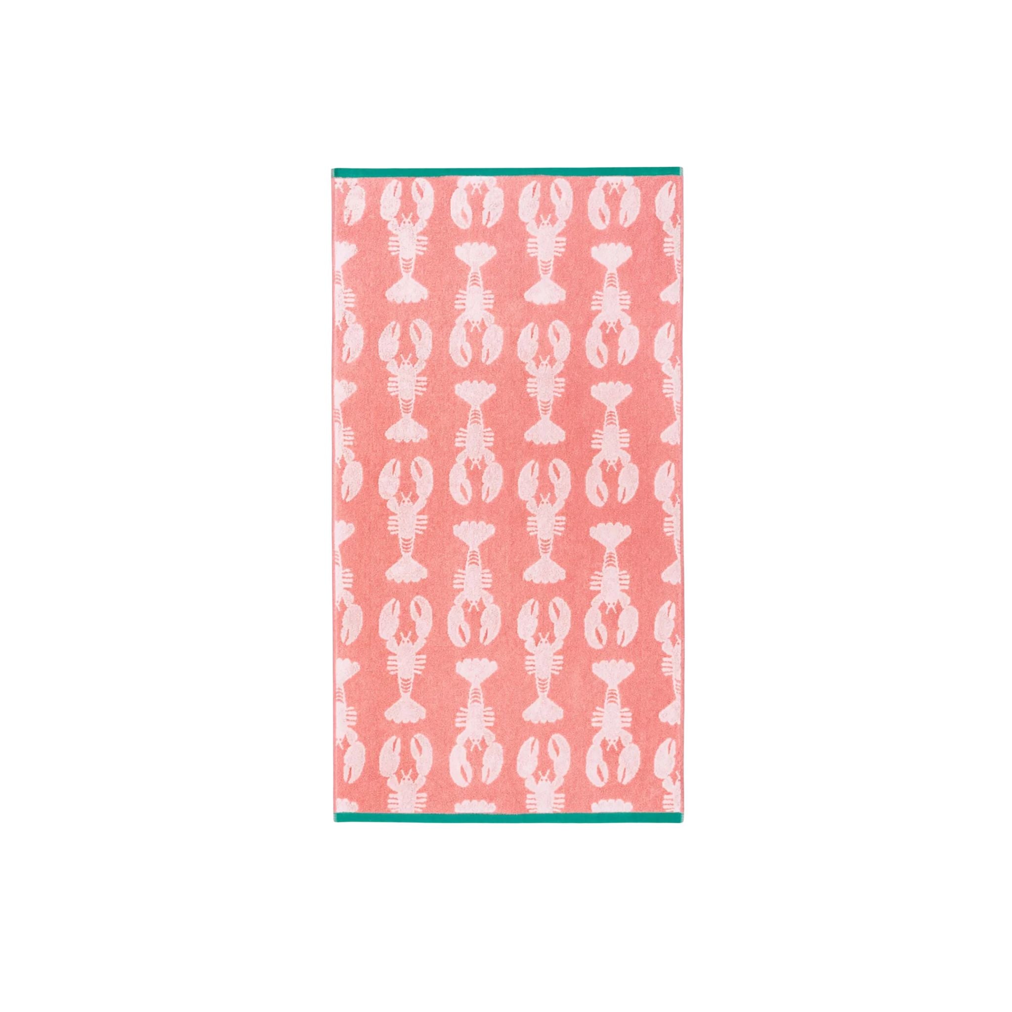 Lobster Pink Organic Cotton Hand Towel with lobster pattern on white background, bath accessories