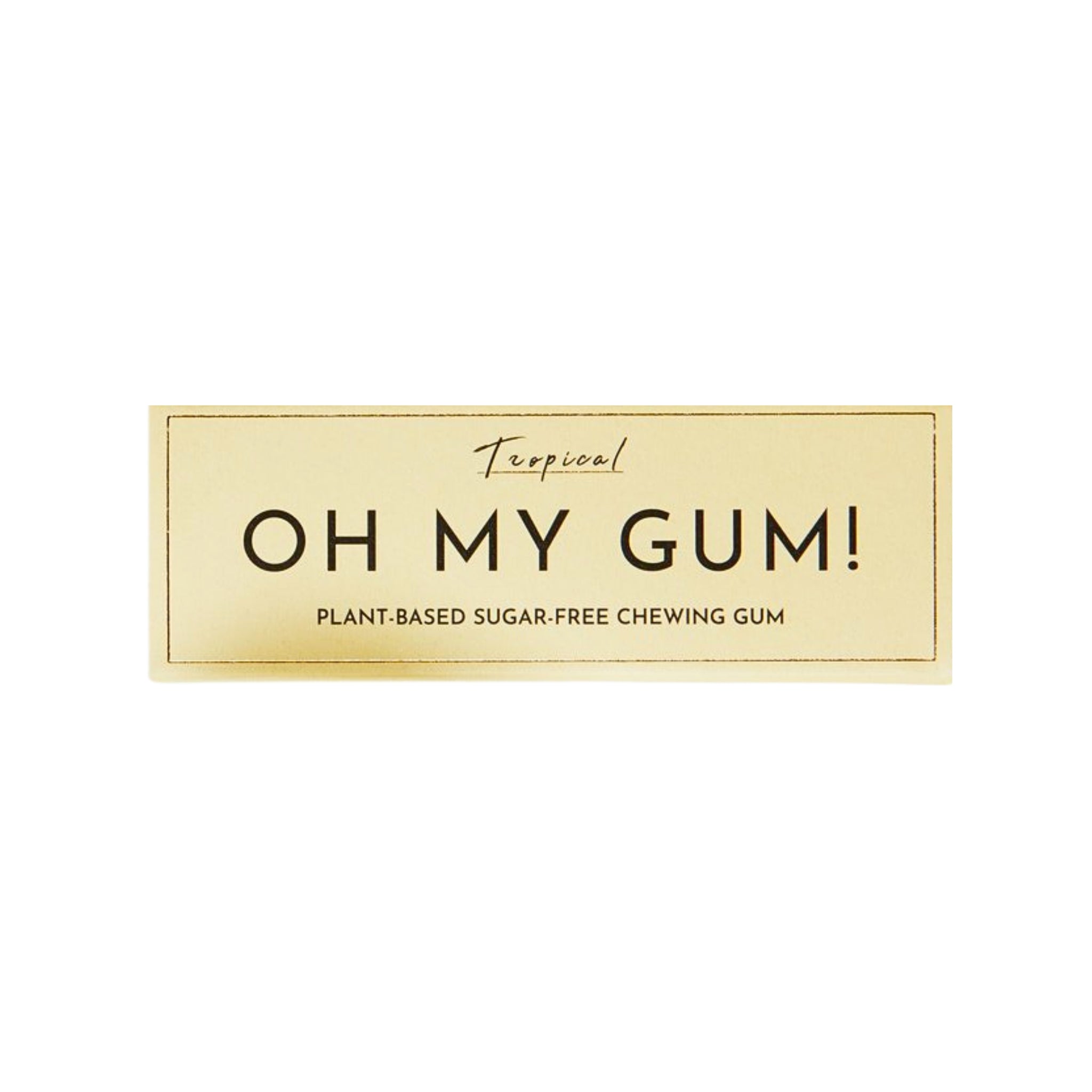 Plant Based Chewing Gum Tropic in goldfarbener Verpackung auf weißem Hintergrund, orale Pflege.