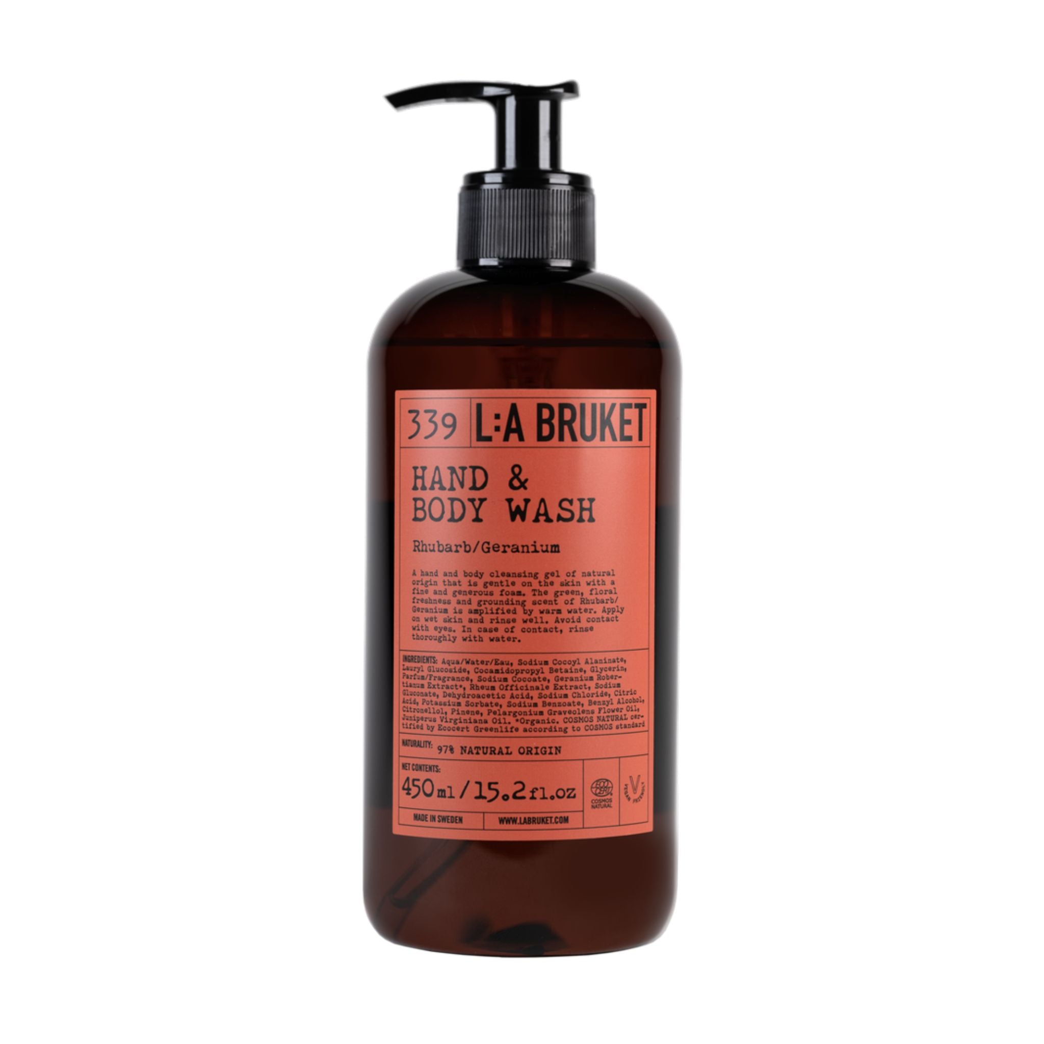 L:A Bruket No. 339 Hand & Body Wash, braune Flasche mit schwarzem Pumpspender, rotes Etikett Körperpflege