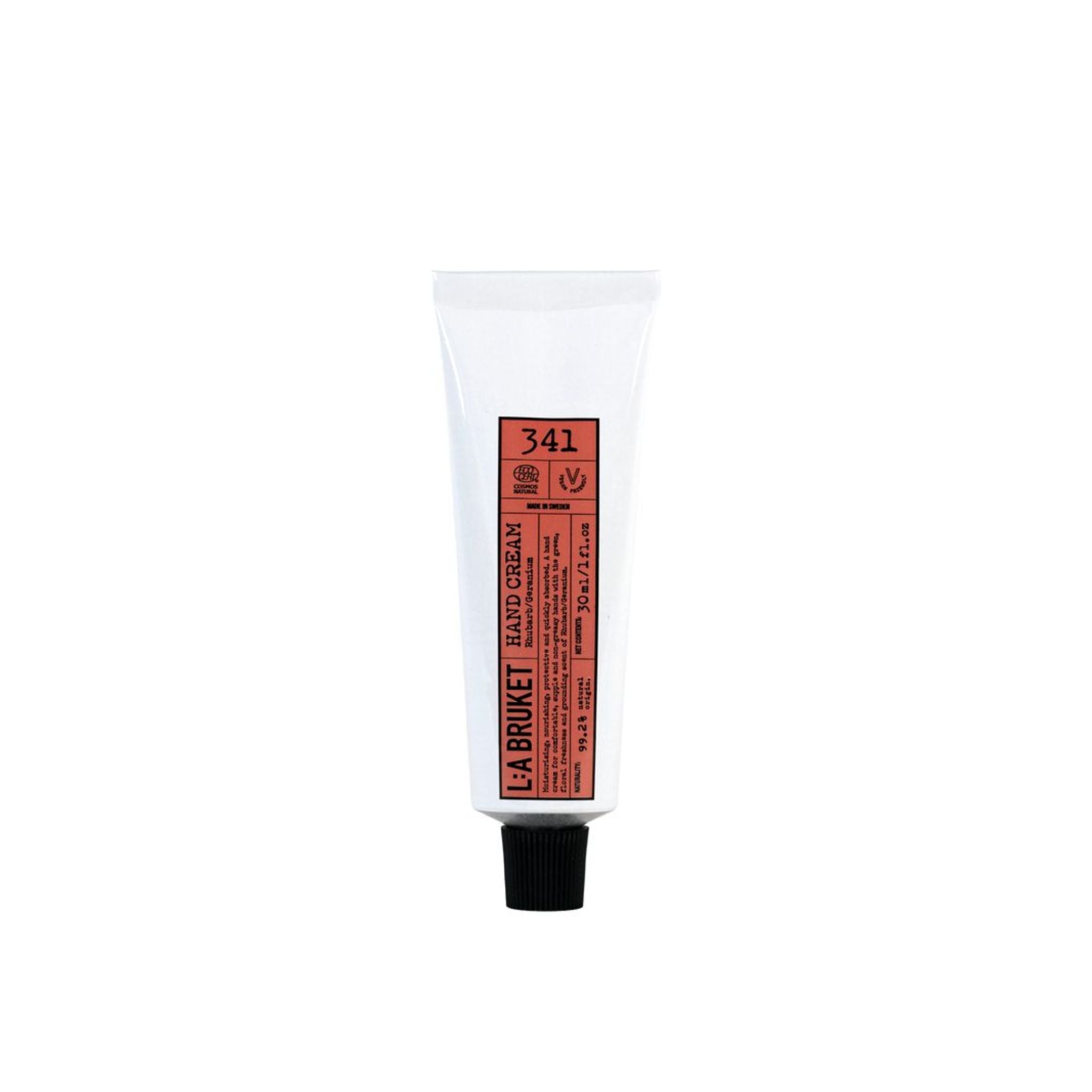 L:A Bruket No. 341 Handcreme in einer weißen Tube mit schwarzem Verschluss, auf weißem Hintergrund, Hautpflege.