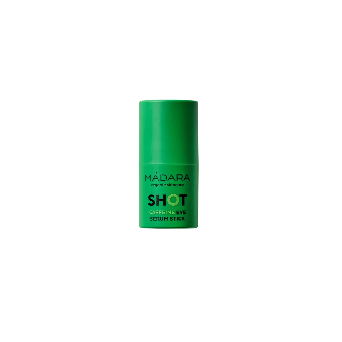 Mádara SHOT Koffein-Augenserum-Stick, grüner Stick- aplikator mit Verschluss vor weißem Hintergrund.