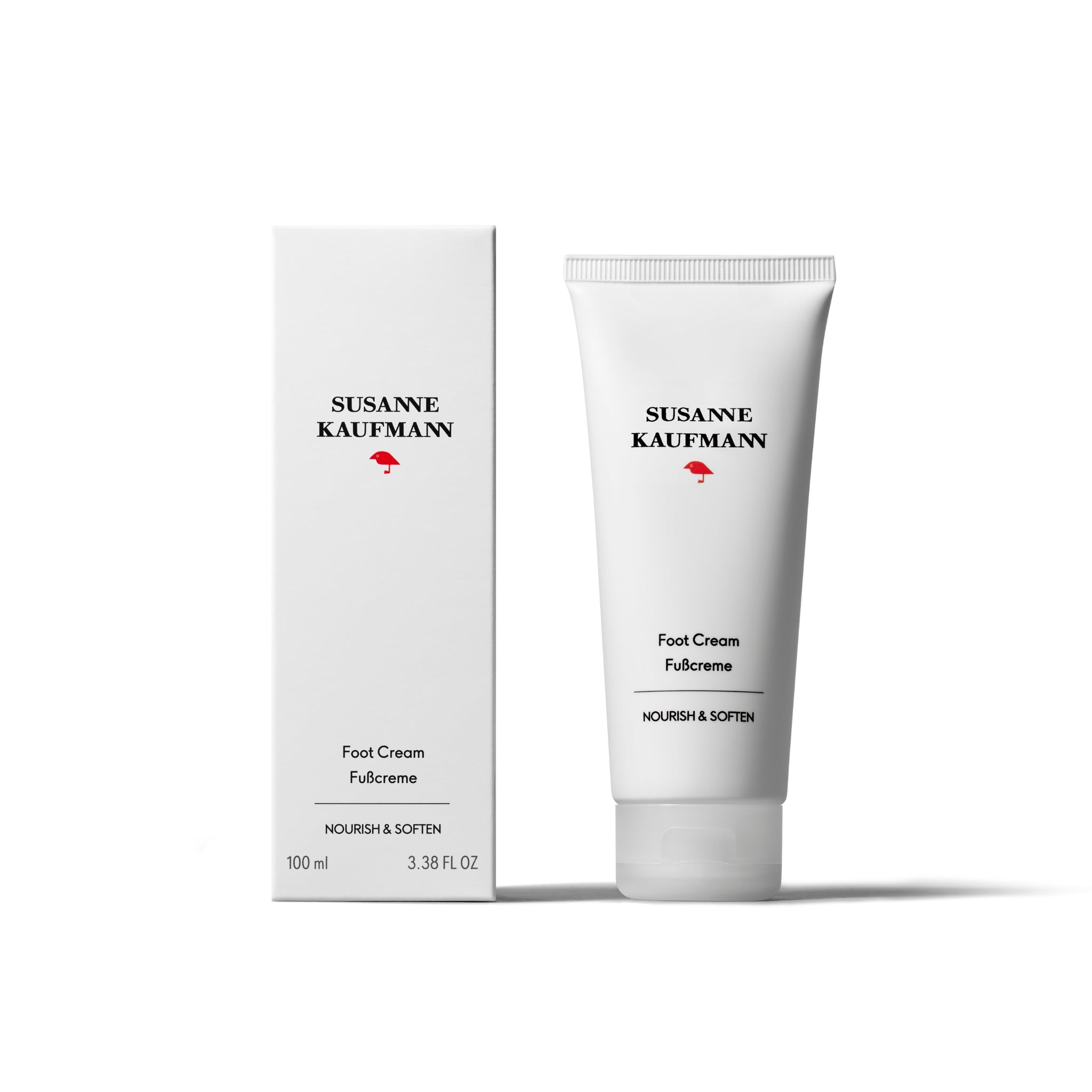 Susanne Kaufmann Fußcreme 100ml in weißer Tube mit weißem Schraubverschluss vor weißem Hintergrund, Hautpflege.