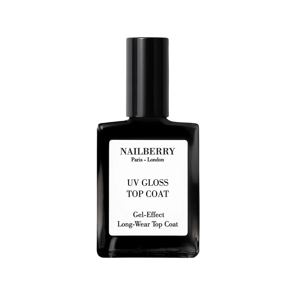 Nailberry UV Gloss Top Coat in a black glass bottle with a black cap on a white background, nail polish