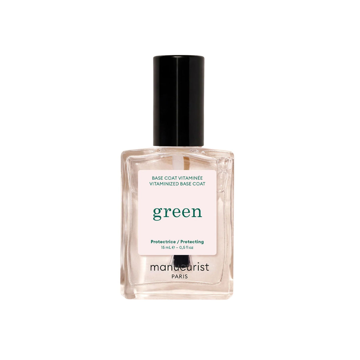Manucurist Vitaminized Base Coat in einer Glasflasche mit schwarzem Verschluss, Nagelpflege.