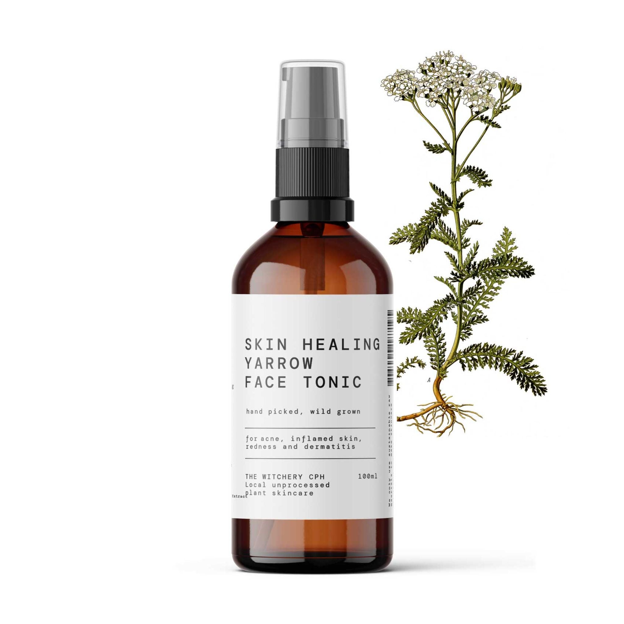 The Witchery CPH Skin Healing Yarrow Face Tonic in einer braunen Sprühflasche mit weißem Etikett, Hautpflege.